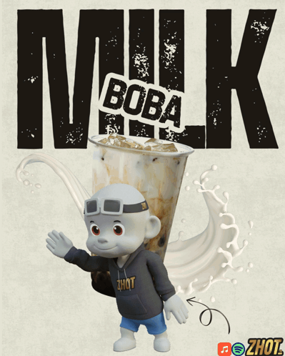 Cartoon Character Next To Milk Boba GIF