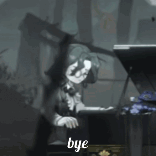 Cartoon Character Next To Piano Saying Bye GIF