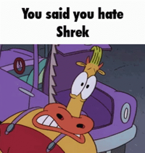 Cartoon Character Next To Purple Car Says You Hate Shrek GIF