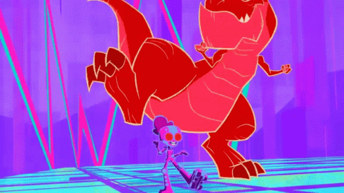 Cartoon Character Next to Red Dinosaur