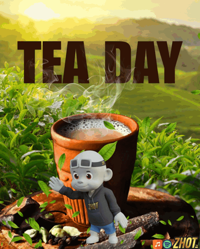 Cartoon Character Next To Tea Day Cup GIF