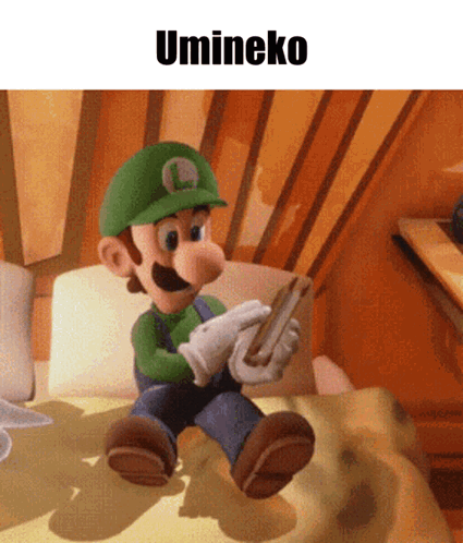 Cartoon Character on Bed Looking at Phone Umineko