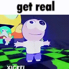 Cartoon Character on Checkered Floor With Get Real