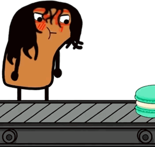 Cartoon Character On Conveyor Belt Next To Macaroons GIF