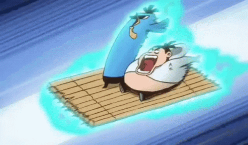 Cartoon Character on Raft With Blue Monster