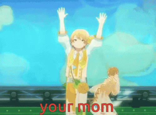 Cartoon Character On Stage With Hands Up Your Mom GIF