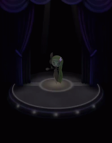 Cartoon Character on Stage With Purple Curtains