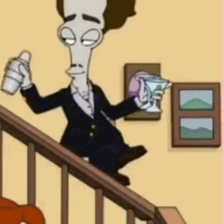 Cartoon Character on Staircase Holding Martini Glass and Spray Bottle