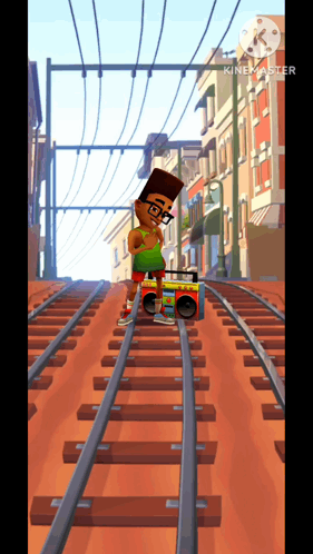 Cartoon Character on Train Tracks with Boombox