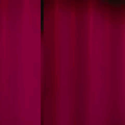 Cartoon Character Peeking Behind Red Curtain Smiling GIF