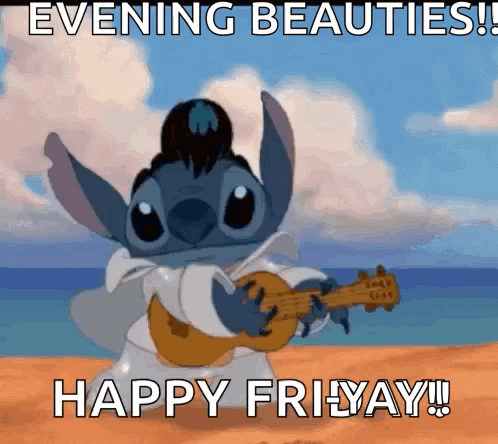 Cartoon Character Playing Ukulele on Beach Saying Evening Beauties Happy Friday