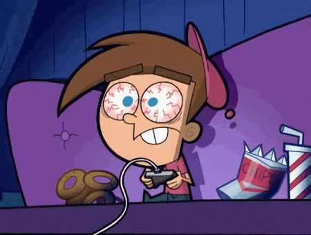 Cartoon Character Playing Video Game on Couch With Bag of Chips