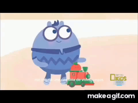 Cartoon Character Playing With Toy Train Saying Make A Gif.com GIF