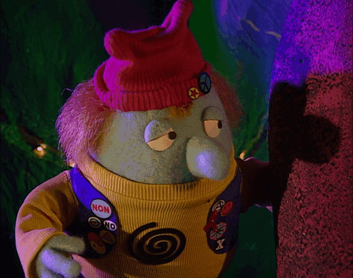 Cartoon Character Red Hat Yellow Sweater Purple Vest Non GIF