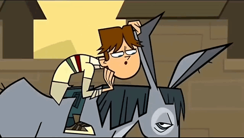 Cartoon Character Riding Donkey and Scratching Head