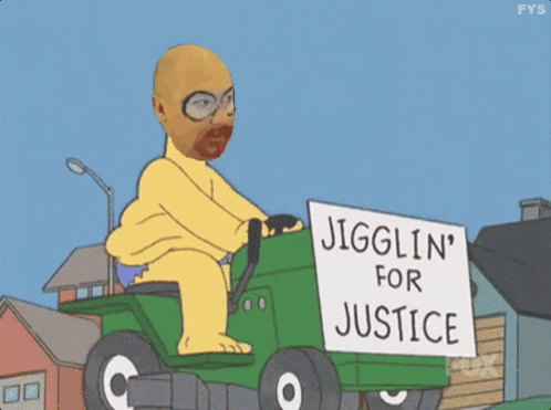 Cartoon Character Riding Lawn Mower Jigglin' for Justice