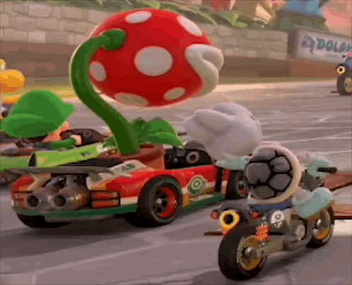 Cartoon Character Riding Motorcycle Beside Car With Plant GIF