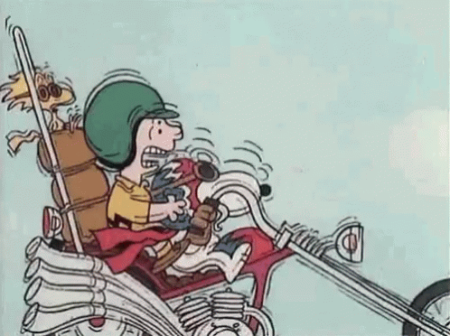 Cartoon Character Riding Motorcycle With Dog Behind GIF