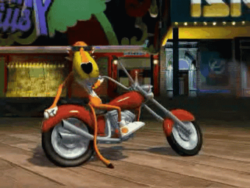 Cartoon Character Riding Red Motorcycle with Silly Sign