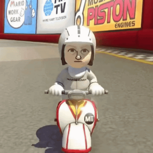 Cartoon Character Riding Scooter With Mii Logo