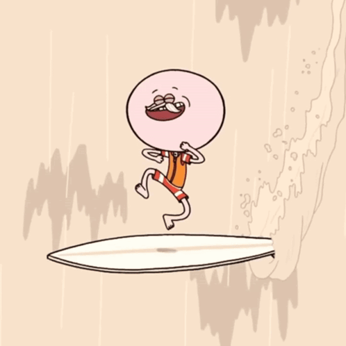 Cartoon Character Riding Surfboard With Wave