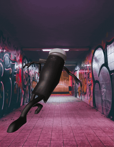 Cartoon Character Running in Hallway with Graffiti