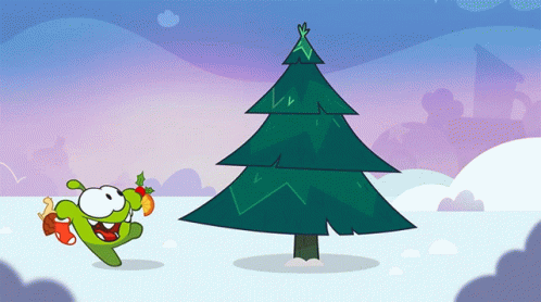Cartoon Character Running Towards Christmas Tree With Gifts