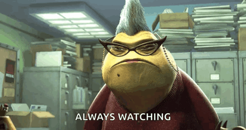 Cartoon Character Saying Always Watching by Filing Cabinets