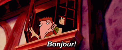 Cartoon Character Saying Bonjour at Window