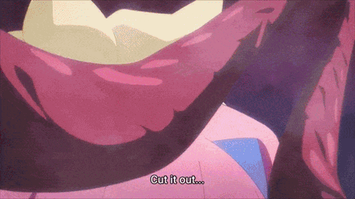 Cartoon Character Saying Cut It Out On Purple And Pink Background GIF