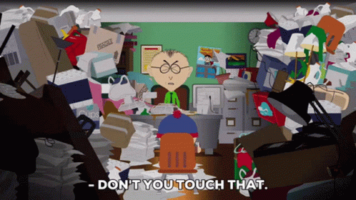 Cartoon Character Saying Don't You Touch That in Messy Office