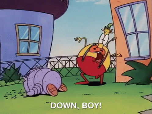 Cartoon Character Saying Down Boy Next to Another Character