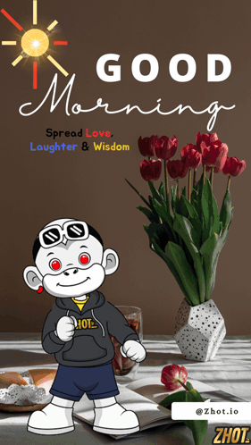 Cartoon Character Saying Good Morning Next to Vase of Flowers