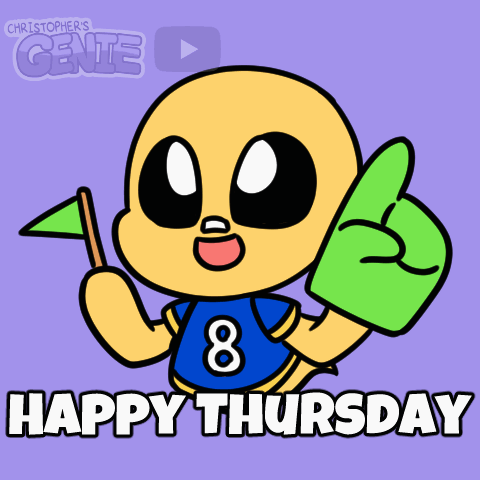 Cartoon Character Saying Happy Thursday with Number 8 on Jersey