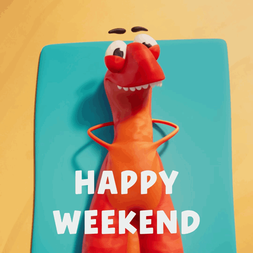 Cartoon Character Saying Happy Weekend Blue Mat GIF