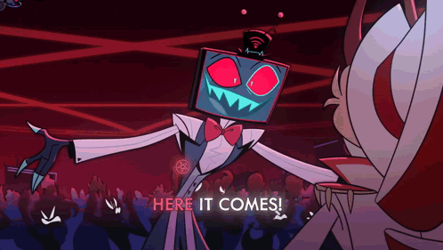 Cartoon Character Saying Here It Comes With Crowd GIF