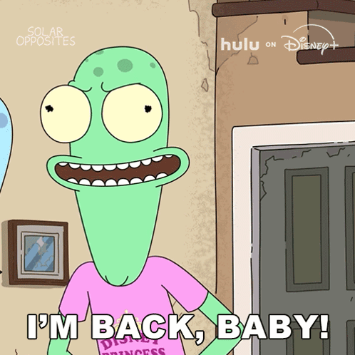 Cartoon Character Saying I'm Back Baby