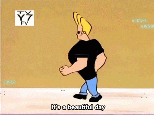 Cartoon Character Saying It's a Beautiful Day Walking Down Sidewalk