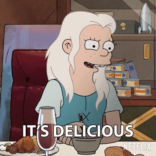 Cartoon Character Saying Its Delicious at Food Table
