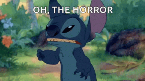 Cartoon Character Saying Oh The Horror In Field GIF