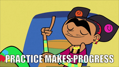Cartoon Character Saying Practice Makes Progress