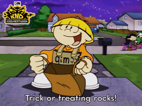 Cartoon Character Saying Trick or Treating Rocks