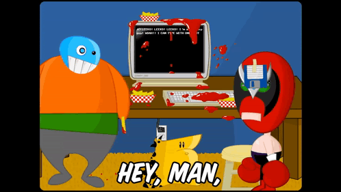 Cartoon Character Says Hey Man Messy Computer