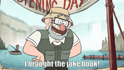 Cartoon Character Says I Brought the Joke Book in Front of Lake