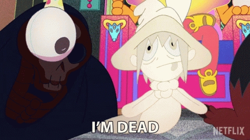 Cartoon Character Says I'm Dead with Skull
