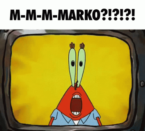 Cartoon Character Says M-M-M-Marko On Yellow Screen GIF