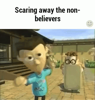 Cartoon Character Scaring Non-Believers GIF