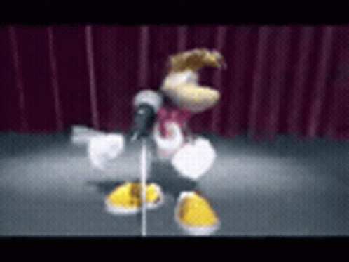 Cartoon Character Singing Into Microphone on Stage