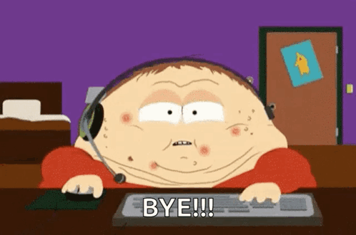 Cartoon Character Sitting at Desk Saying Bye