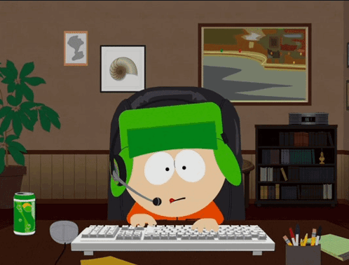 Cartoon Character Sitting At Desk With Sprite And Keyboard GIF